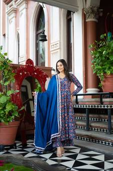 Weavllite Women's Dark Blue  Pure Cotton Block printed Kurta Set
