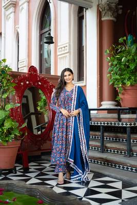 Weavllite Women's Dark Blue  Pure Cotton Block printed Kurta Set 2