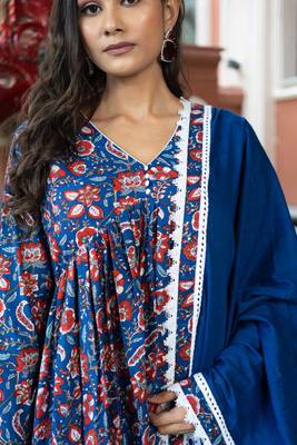 Weavllite Women's Dark Blue  Pure Cotton Block printed Kurta Set 4