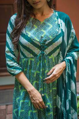 Weavllite Women's Green  Pure Cotton Block printed Kurta set 4