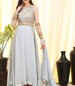 Blue Embroidered Faux Georgette Salwar Free size full stitched Up To 42" Size