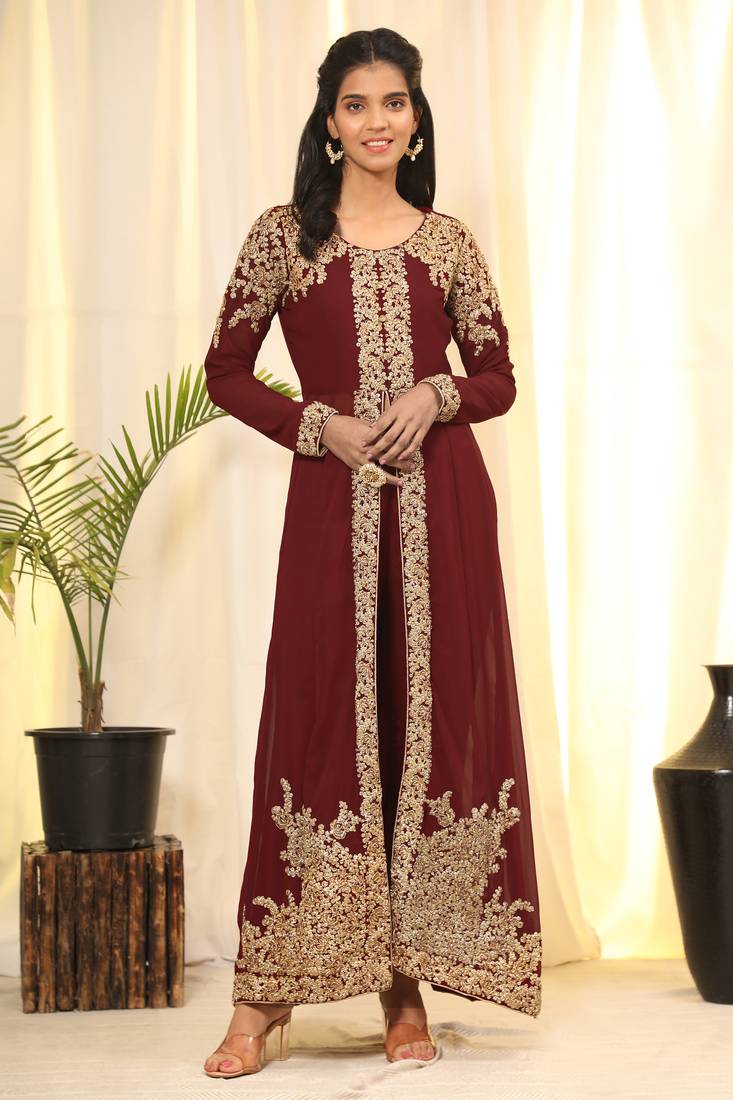 Maroon Embroidered Faux Georgette Salwar Up To 42" Size
