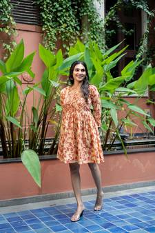 Weavllite Women's Beige  Pure Cotton Block printed Dress