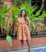 Weavllite Women's Beige  Pure Cotton Block printed Dress