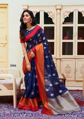 Navy Blue Cotton Blend Zari Border & Pallu Saree With Blouse 1