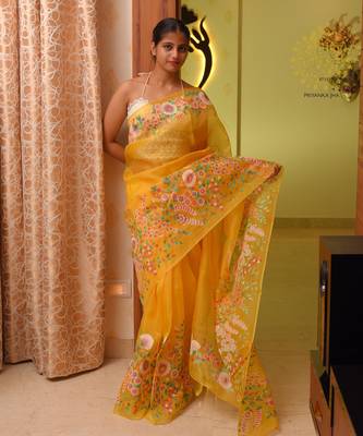 Hand Block Painted Pure Silk Organza Saree 1