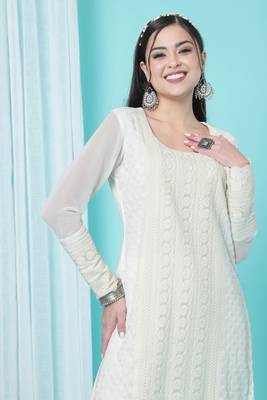 White Embroidered Georgette Ethnic-Kurtis Up To 42" Size 2