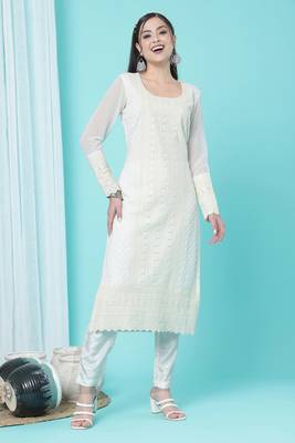 White Embroidered Georgette Ethnic-Kurtis Up To 42" Size 3