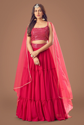 Red embroidered georgette semi stitched lehenga 1