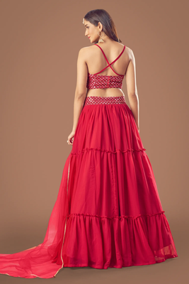 Red embroidered georgette semi stitched lehenga 2