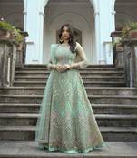 Beautiful Heavy Embroidery Work In Sea Green Colour Butterfly Net Fabric For Girlish Party Looks