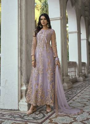 Beautiful Heavy Embroidery Work In Purple Colour Butterfly Net Fabric For Girlish Party Looks 1