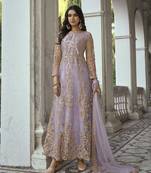 Beautiful Heavy Embroidery Work In Purple Colour Butterfly Net Fabric For Girlish Party Looks