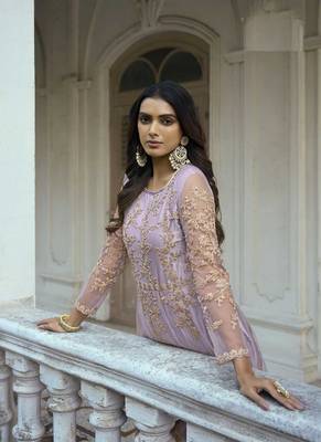 Beautiful Heavy Embroidery Work In Purple Colour Butterfly Net Fabric For Girlish Party Looks 2