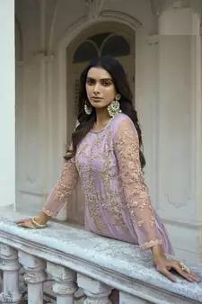 Beautiful Heavy Embroidery Work In Purple Colour Butterfly Net Fabric For Girlish Party Looks