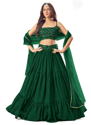 Green embroidered georgette semi stitched lehenga 4