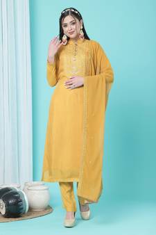 Mustard Embroidered Faux Cotton Silk Salwar Up To 42" Size