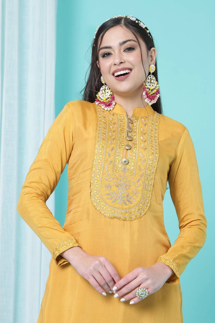 Mustard Embroidered Faux Cotton Silk Salwar Up To 42" Size