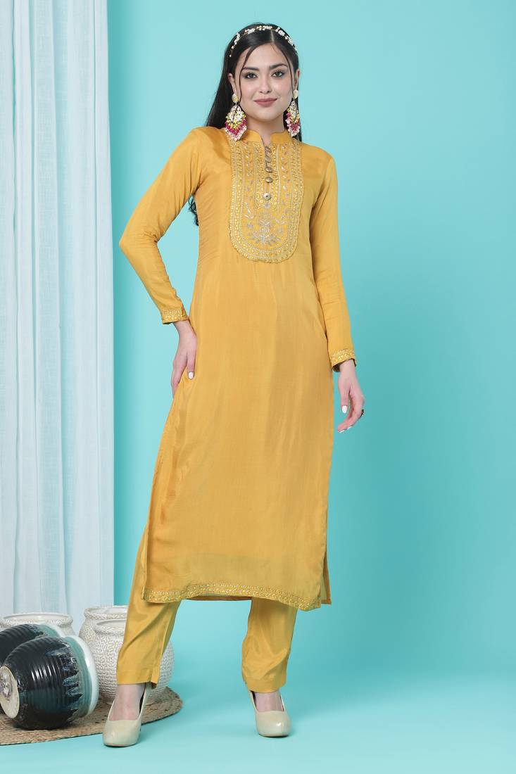 Mustard Embroidered Faux Cotton Silk Salwar Up To 42" Size