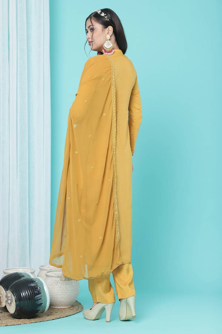 Mustard Embroidered Faux Cotton Silk Salwar Up To 42" Size