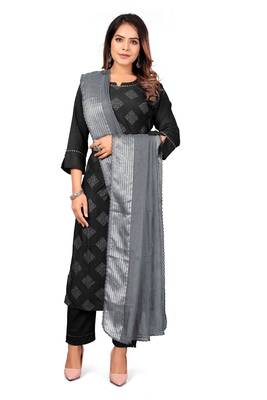 Wlosea Fashion Chinon Silk Pigment Work With Jari Print Black stitched Kurta Set 1