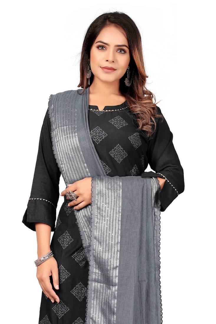 Wlosea Fashion Chinon Silk Pigment Work With Jari Print Black stitched Kurta Set