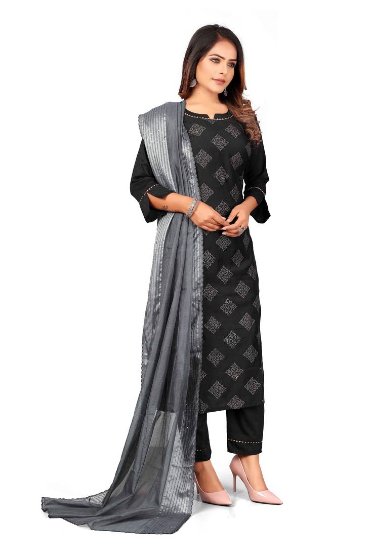 Wlosea Fashion Chinon Silk Pigment Work With Jari Print Black stitched Kurta Set
