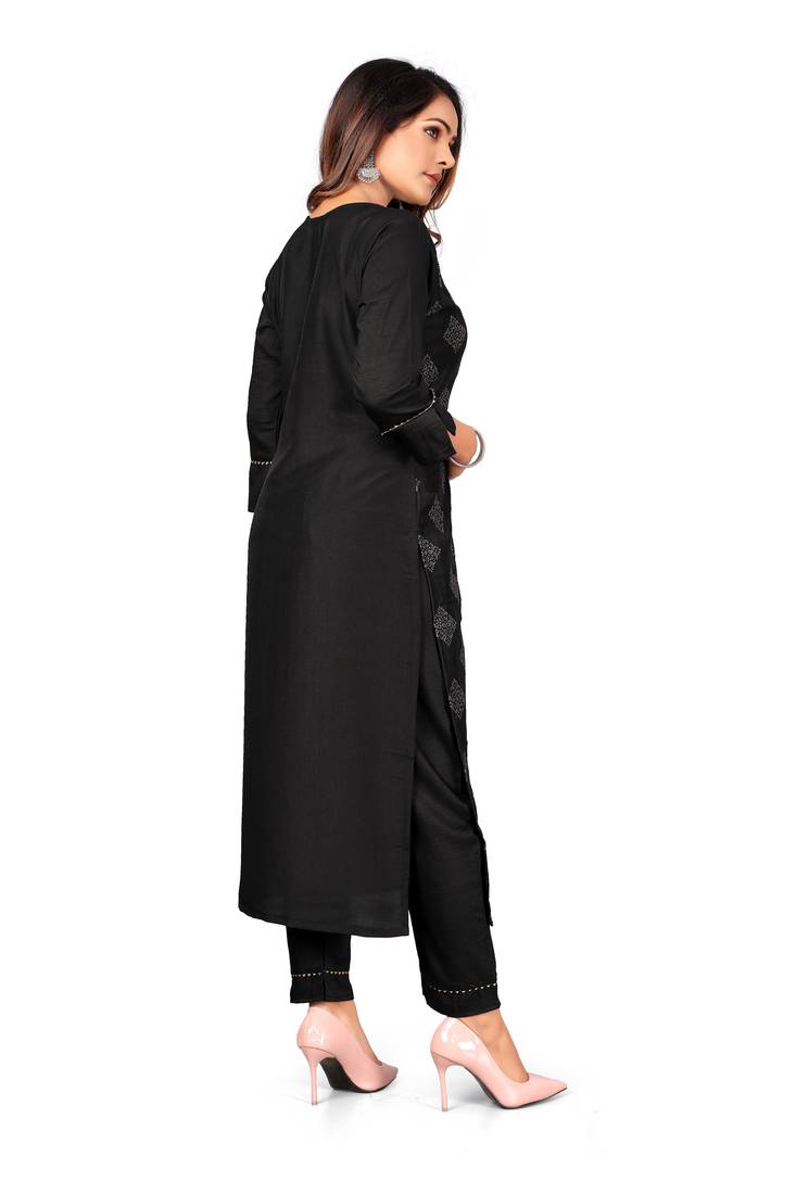 Wlosea Fashion Chinon Silk Pigment Work With Jari Print Black stitched Kurta Set