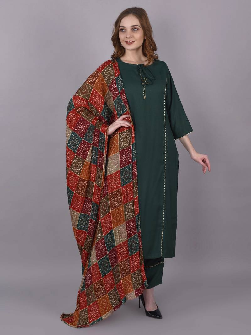 Wlosea Fashion Rayon Slub Lace Green stitched Kurta Set