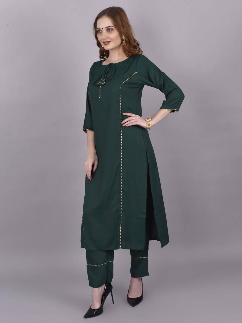 Wlosea Fashion Rayon Slub Lace Green stitched Kurta Set