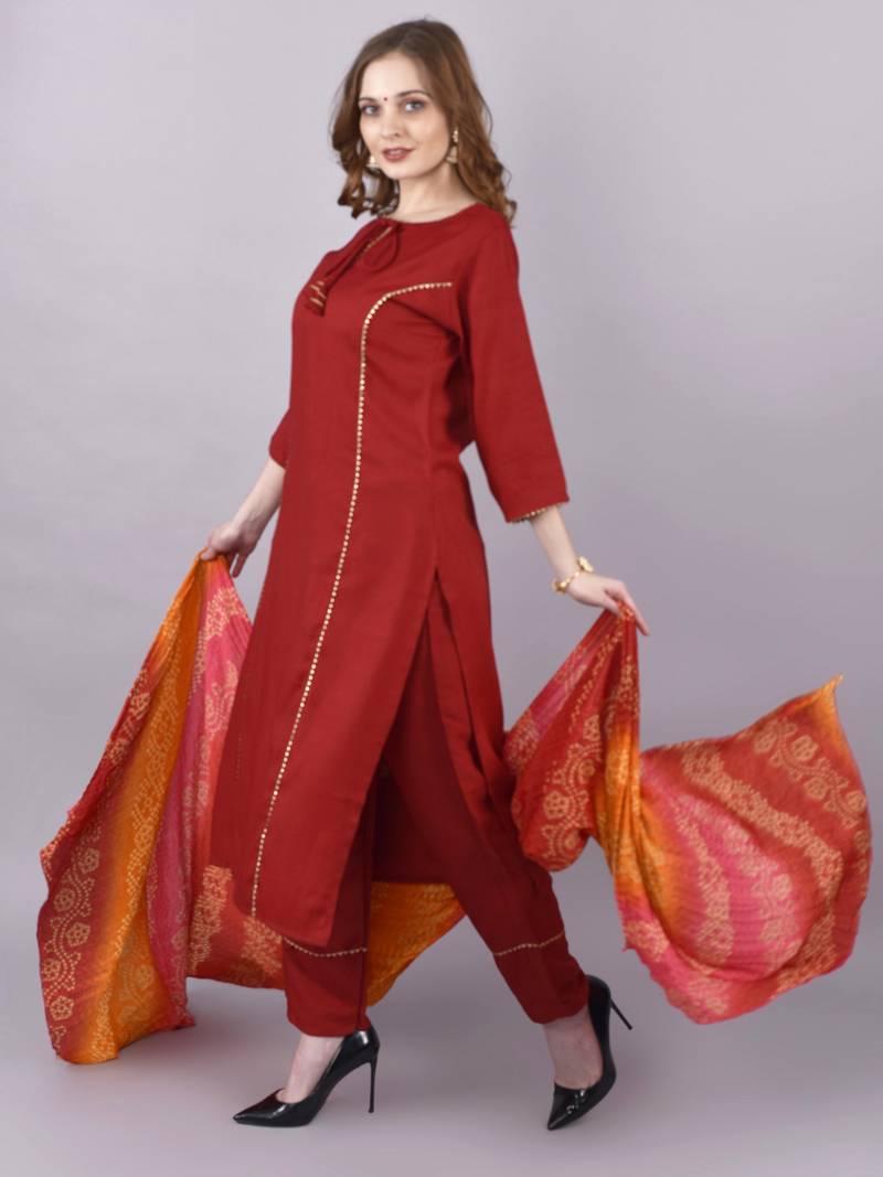 Wlosea Fashion Rayon Slub Lace Red stitched Kurta Set
