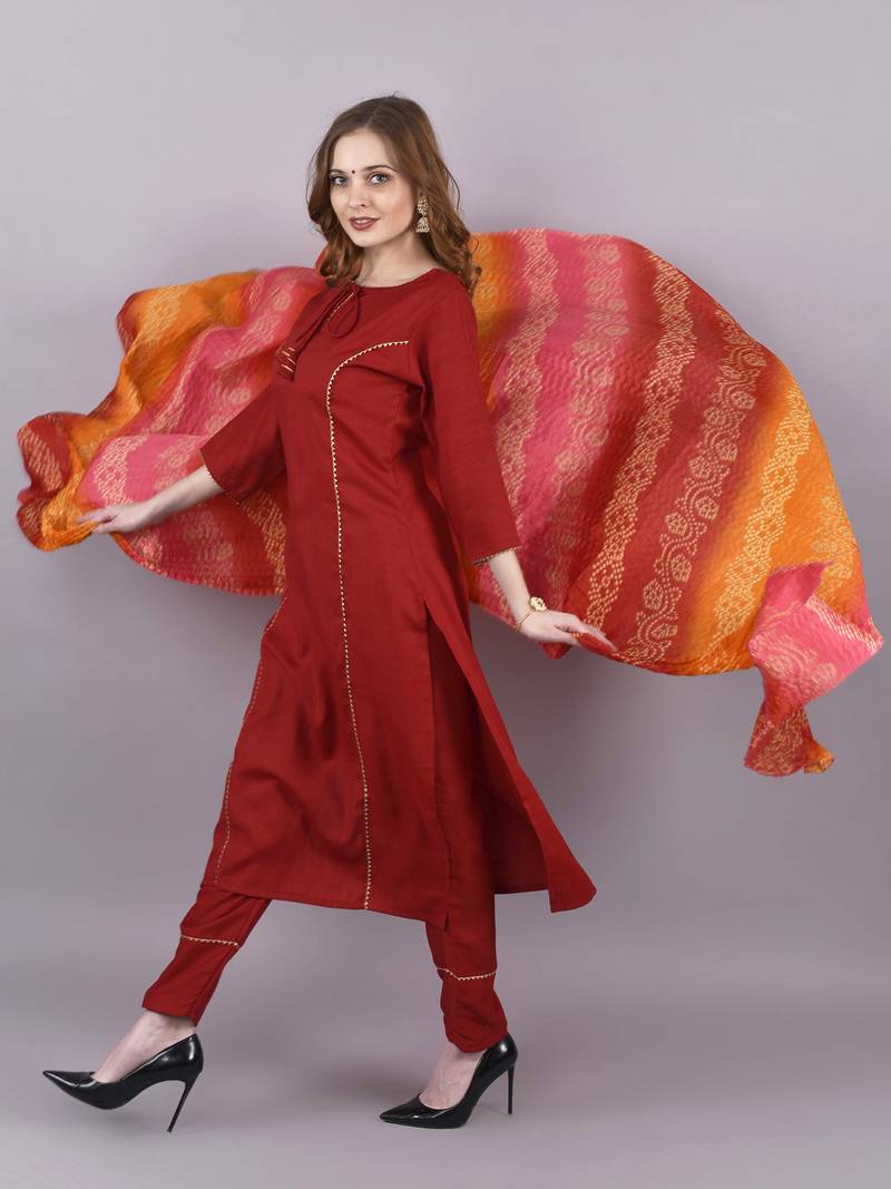 Wlosea Fashion Rayon Slub Lace Red stitched Kurta Set