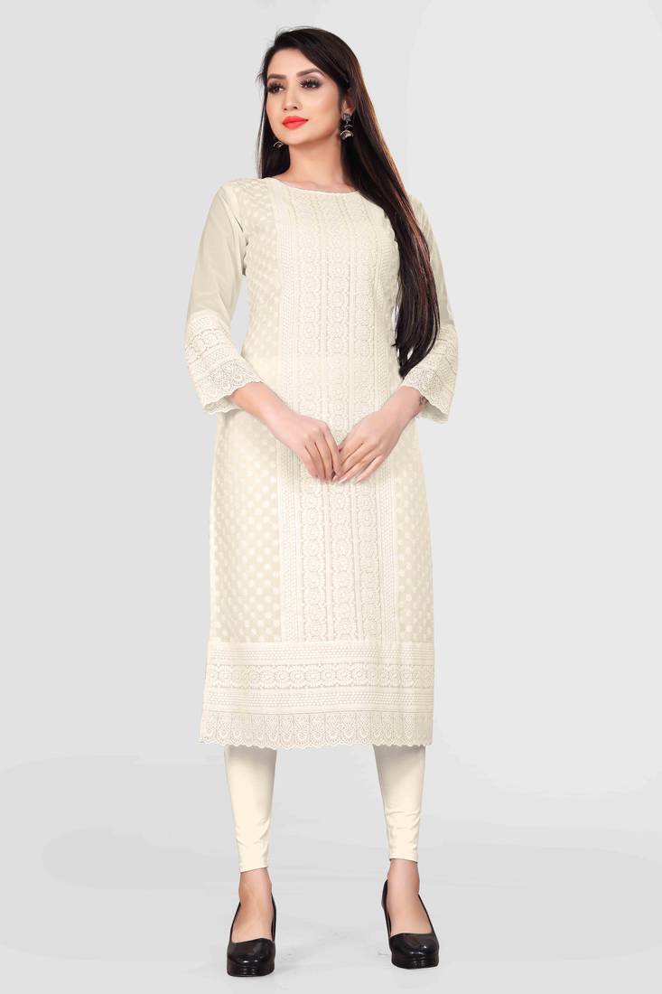 Wlosea Fashion Georgette Chiffon Chikan Embroidery off White stitched Only Kurti