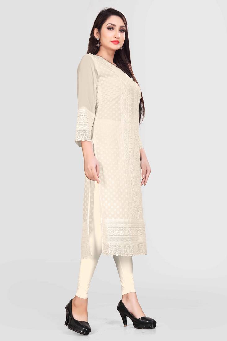 Wlosea Fashion Georgette Chiffon Chikan Embroidery off White stitched Only Kurti