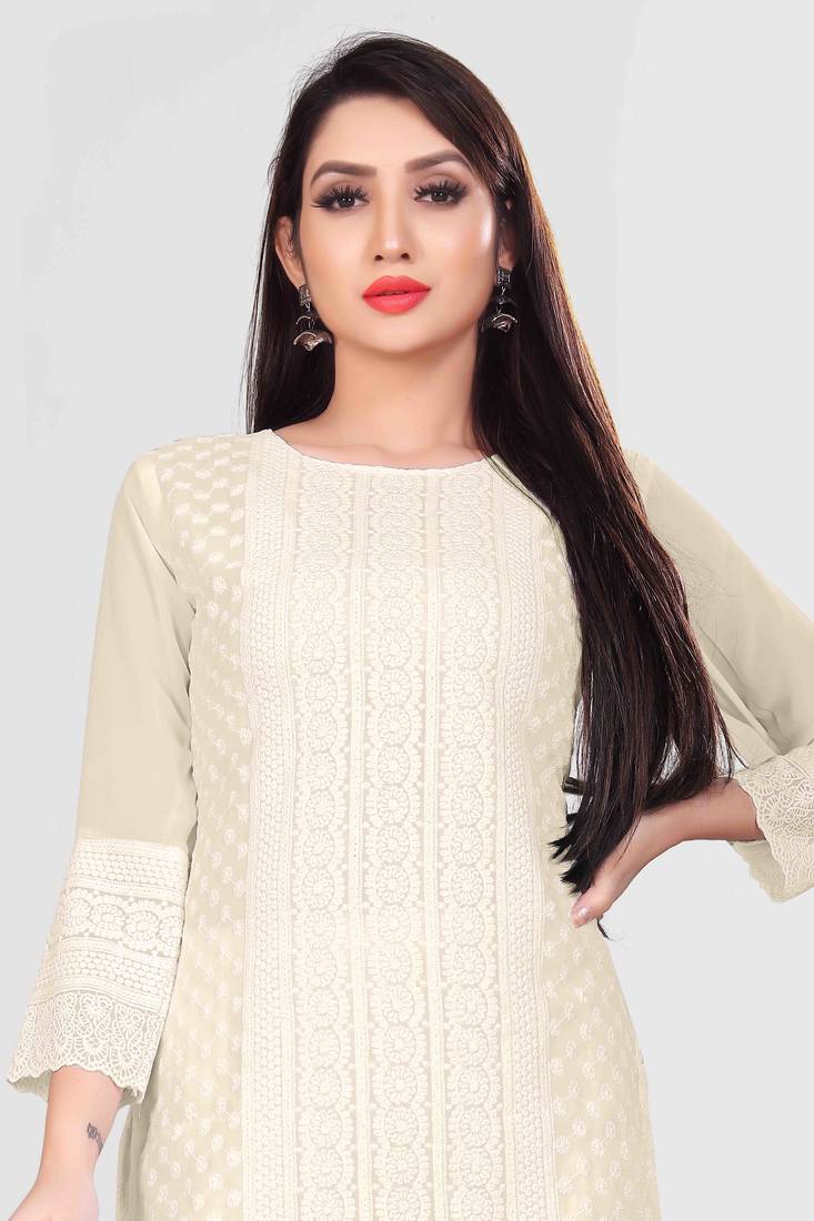 Wlosea Fashion Georgette Chiffon Chikan Embroidery off White stitched Only Kurti