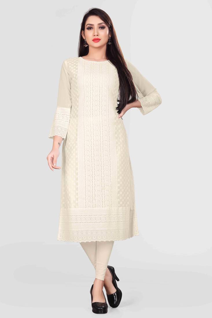 Wlosea Fashion Georgette Chiffon Chikan Embroidery off White stitched Only Kurti