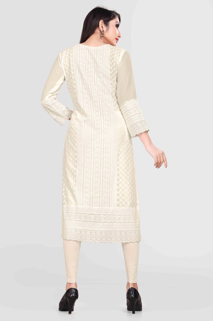 Wlosea Fashion Georgette Chiffon Chikan Embroidery off White stitched Only Kurti