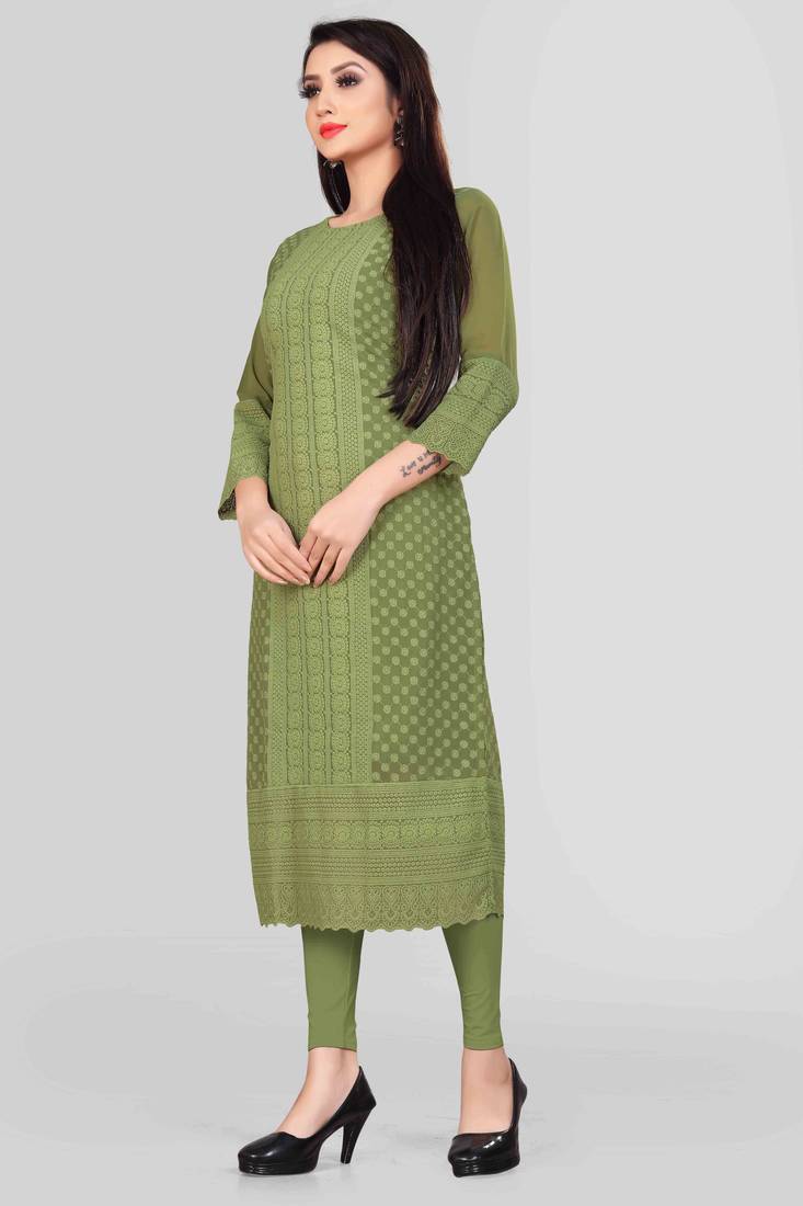 Wlosea Fashion Georgette Chiffon Chikan Embroidery Mehndi stitched Only Kurti