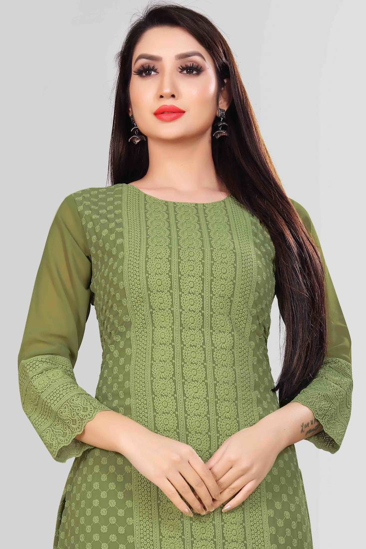 Wlosea Fashion Georgette Chiffon Chikan Embroidery Mehndi stitched Only Kurti