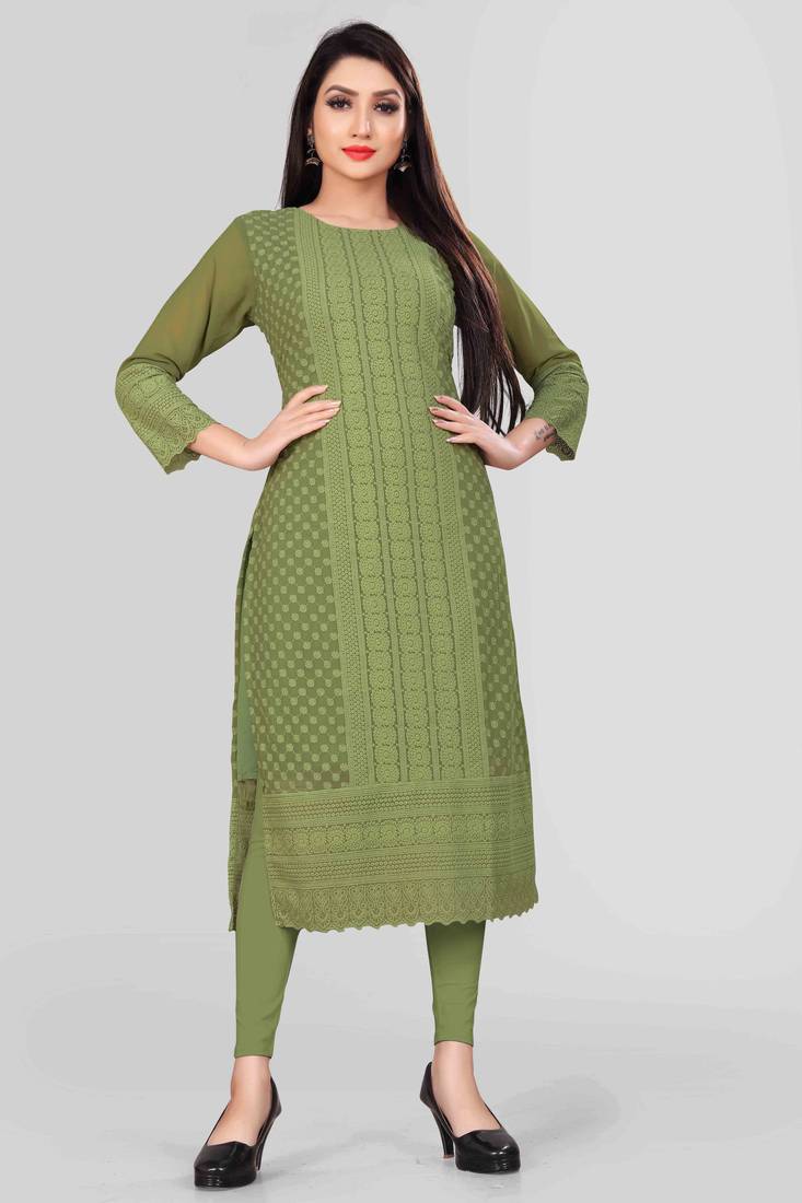 Wlosea Fashion Georgette Chiffon Chikan Embroidery Mehndi stitched Only Kurti