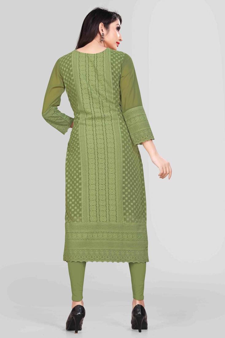 Wlosea Fashion Georgette Chiffon Chikan Embroidery Mehndi stitched Only Kurti