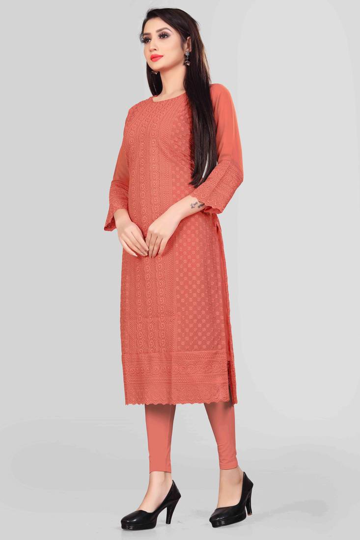 Wlosea Fashion Georgette Chiffon Chikan Embroidery Tometo Red stitched Only Kurti
