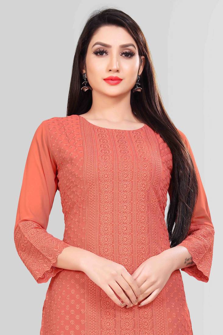 Wlosea Fashion Georgette Chiffon Chikan Embroidery Tometo Red stitched Only Kurti