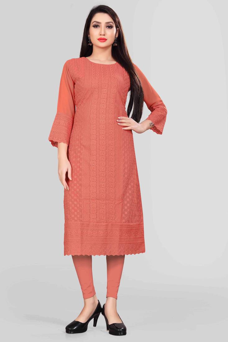 Wlosea Fashion Georgette Chiffon Chikan Embroidery Tometo Red stitched Only Kurti