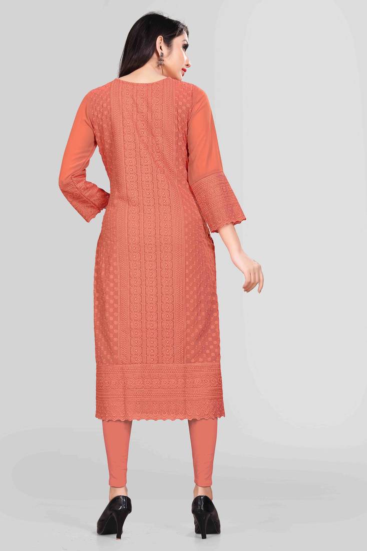 Wlosea Fashion Georgette Chiffon Chikan Embroidery Tometo Red stitched Only Kurti