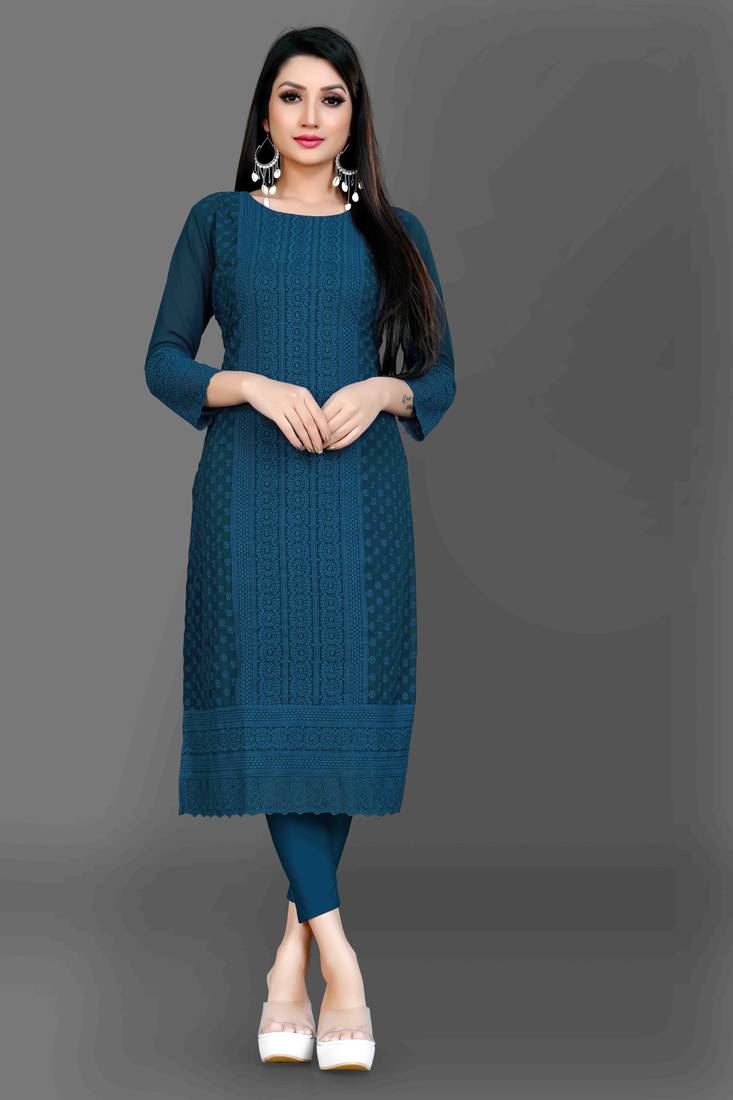 Wlosea Fashion Georgette Chiffon Chikan Embroidery Navy Blue stitched Only Kurti