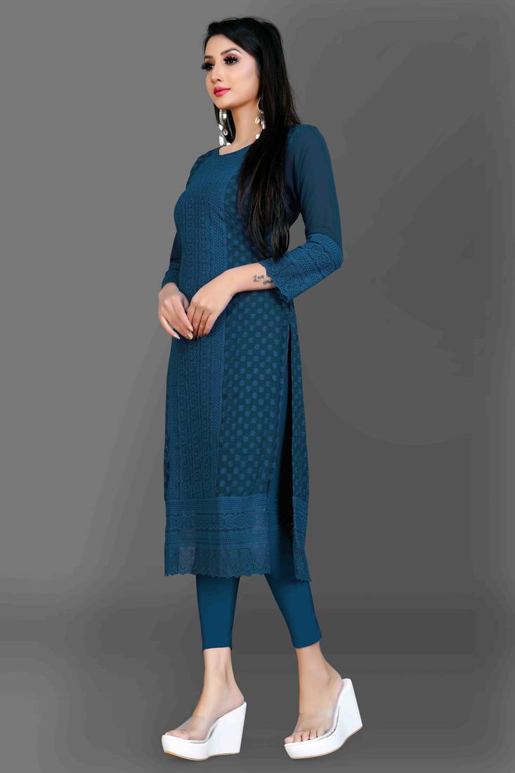 Wlosea Fashion Georgette Chiffon Chikan Embroidery Navy Blue stitched Only Kurti
