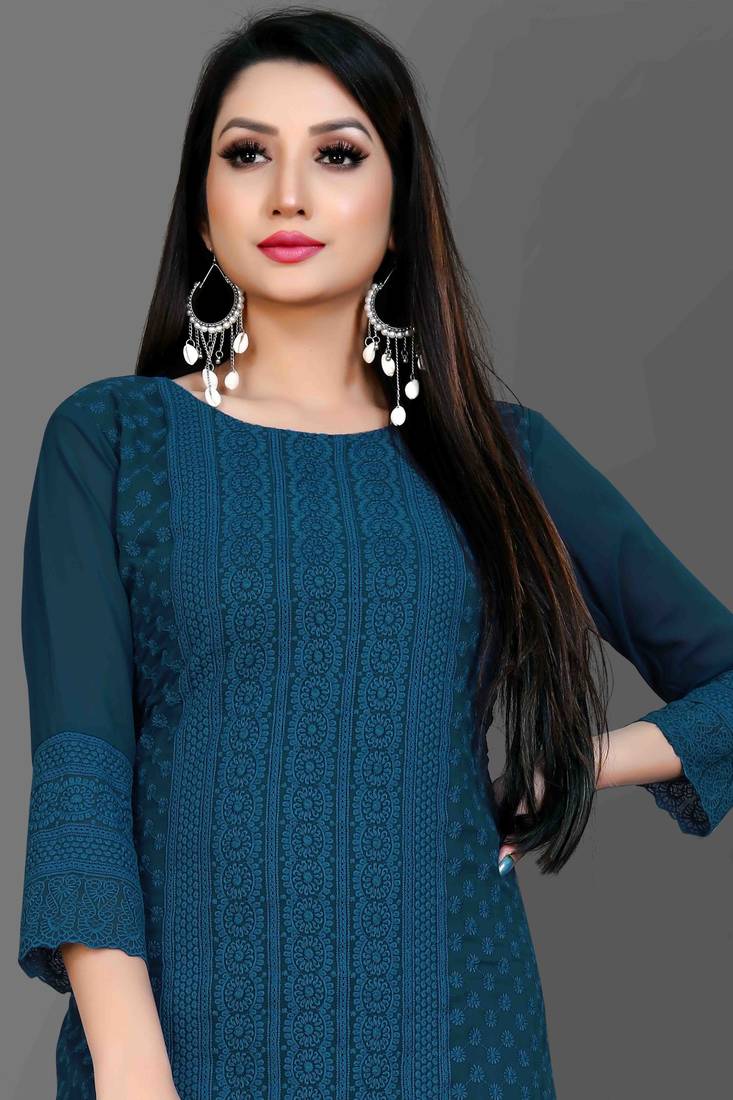 Wlosea Fashion Georgette Chiffon Chikan Embroidery Navy Blue stitched Only Kurti