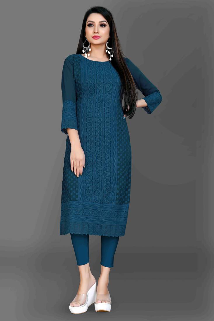 Wlosea Fashion Georgette Chiffon Chikan Embroidery Navy Blue stitched Only Kurti