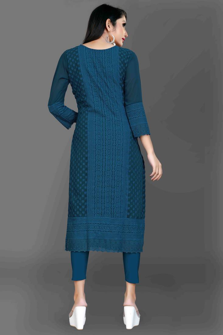 Wlosea Fashion Georgette Chiffon Chikan Embroidery Navy Blue stitched Only Kurti